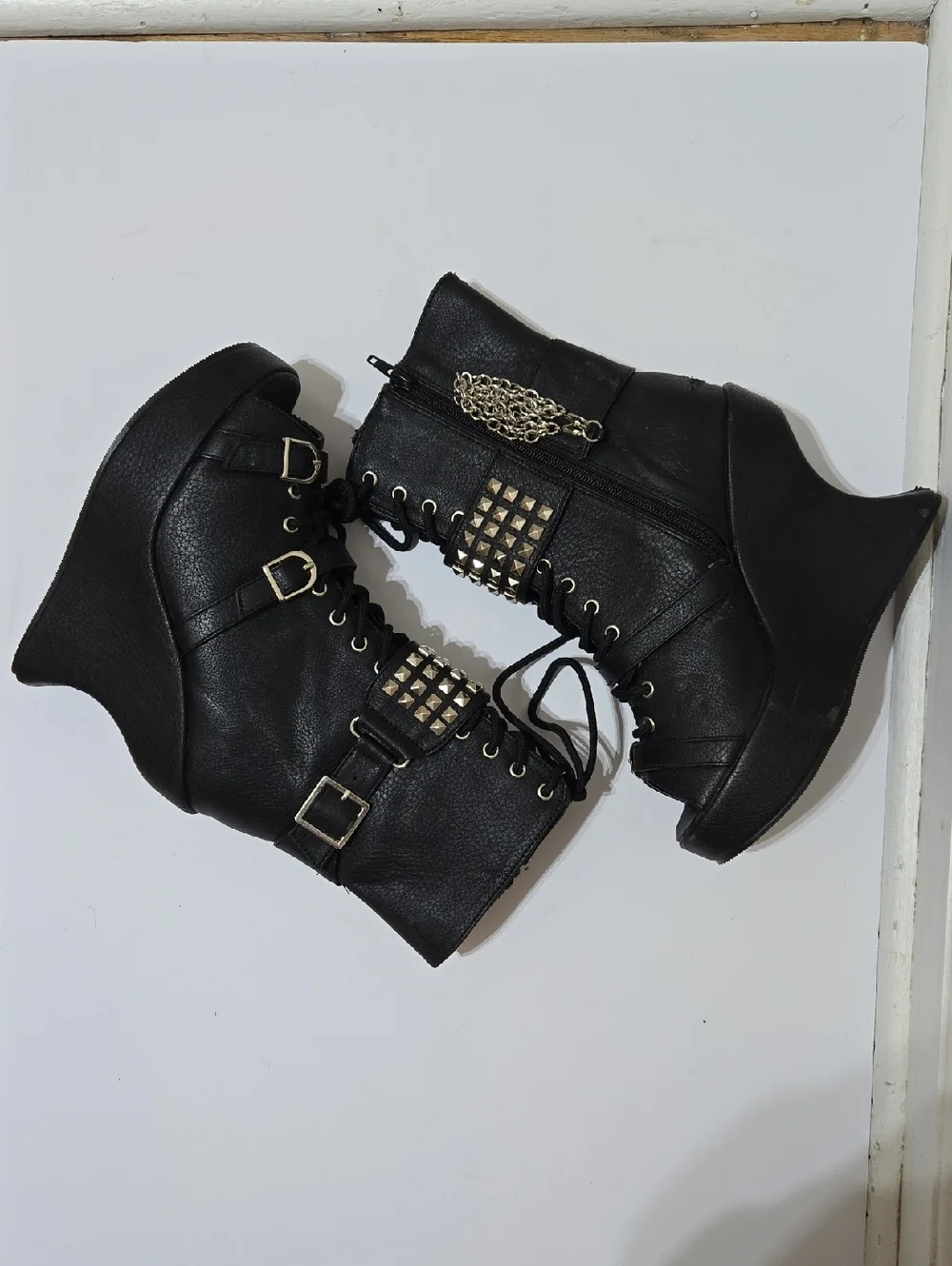 Demonia Black Peep-Toe Lace-Up Punk Wedge Boots with Chains & Studs